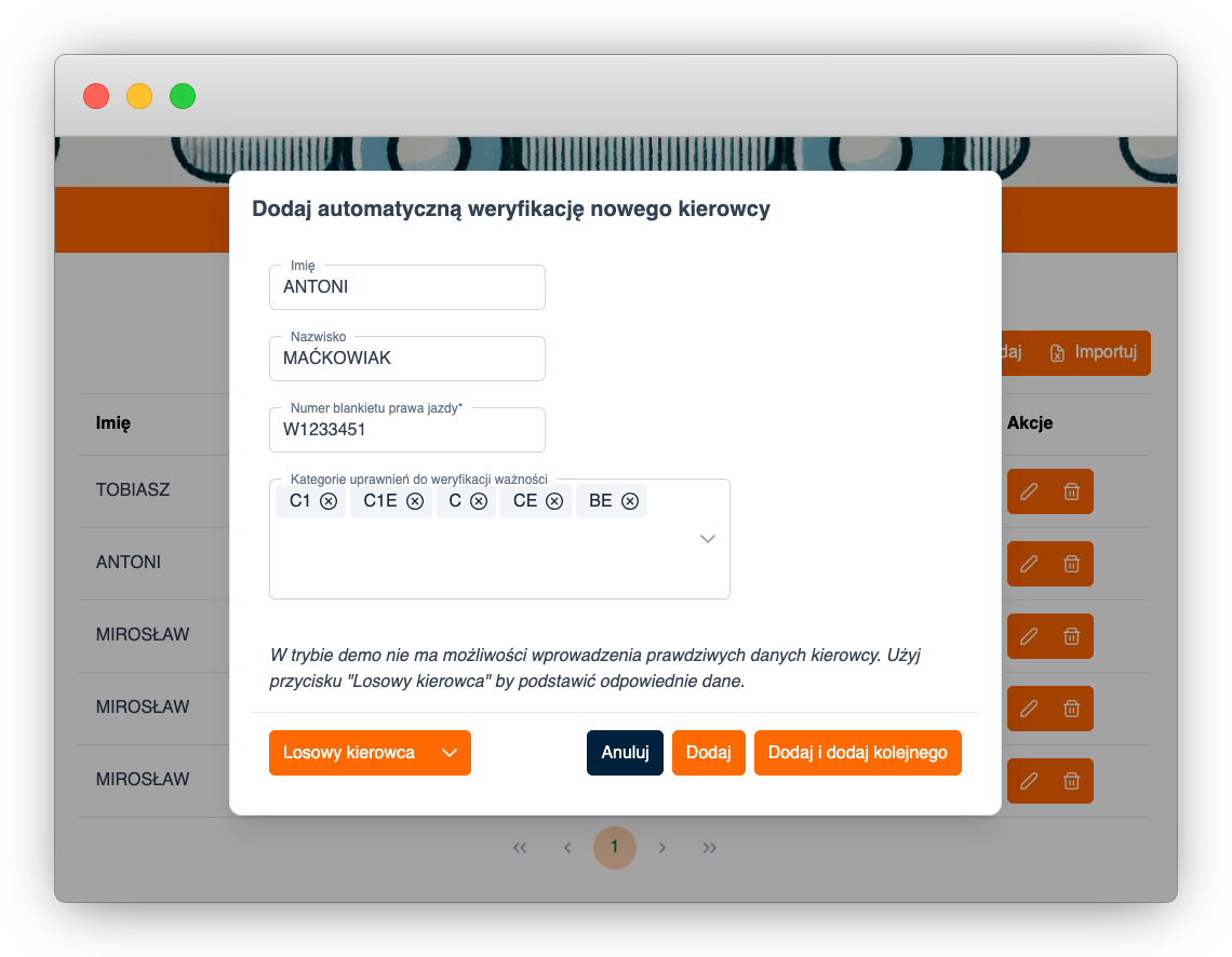 widok dodawania nowego kierowdy do weryfikacji w aplikacji do automatycznej weryfikacji uprawnień kierowców