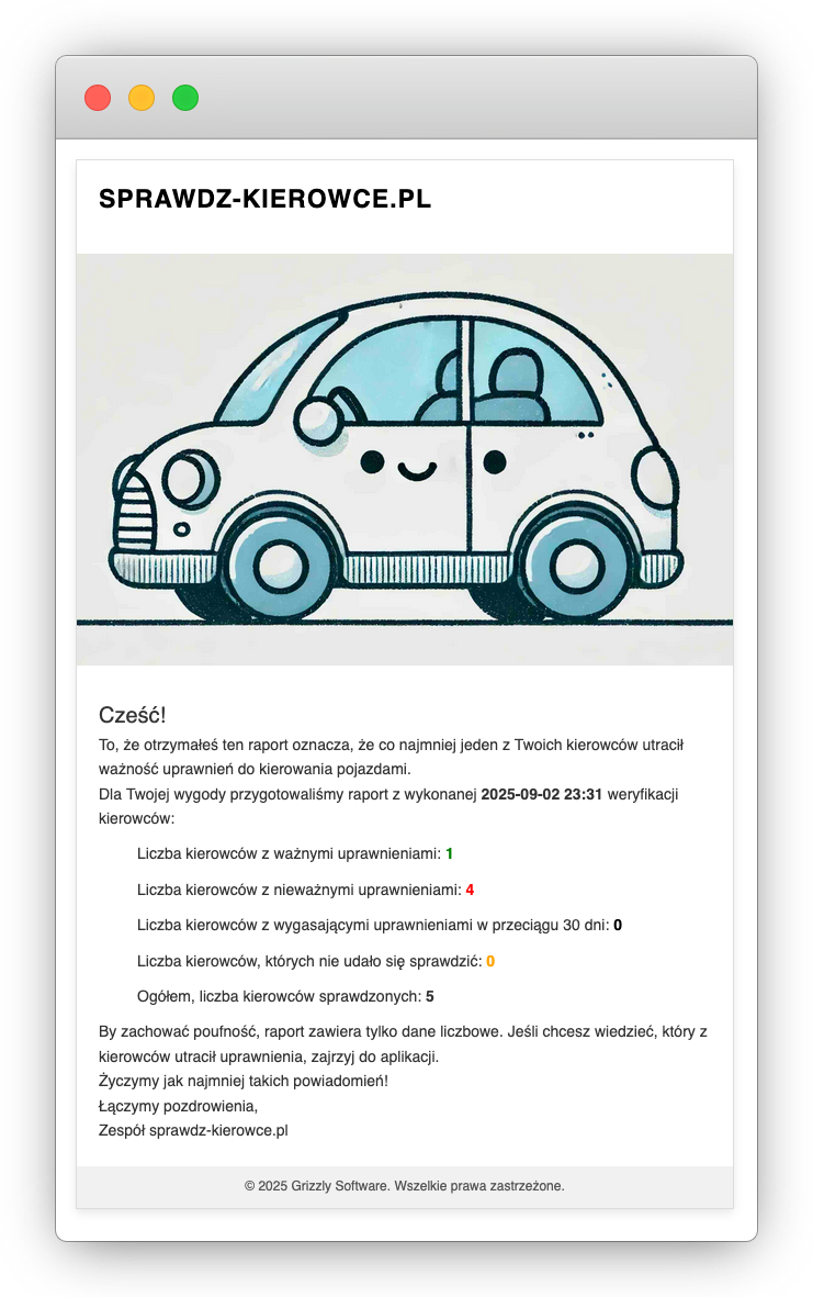 widok powiadomienia email z ostatniej weryfikacji kierowców w aplikacji do automatycznej kontroli uprawnień kierowców