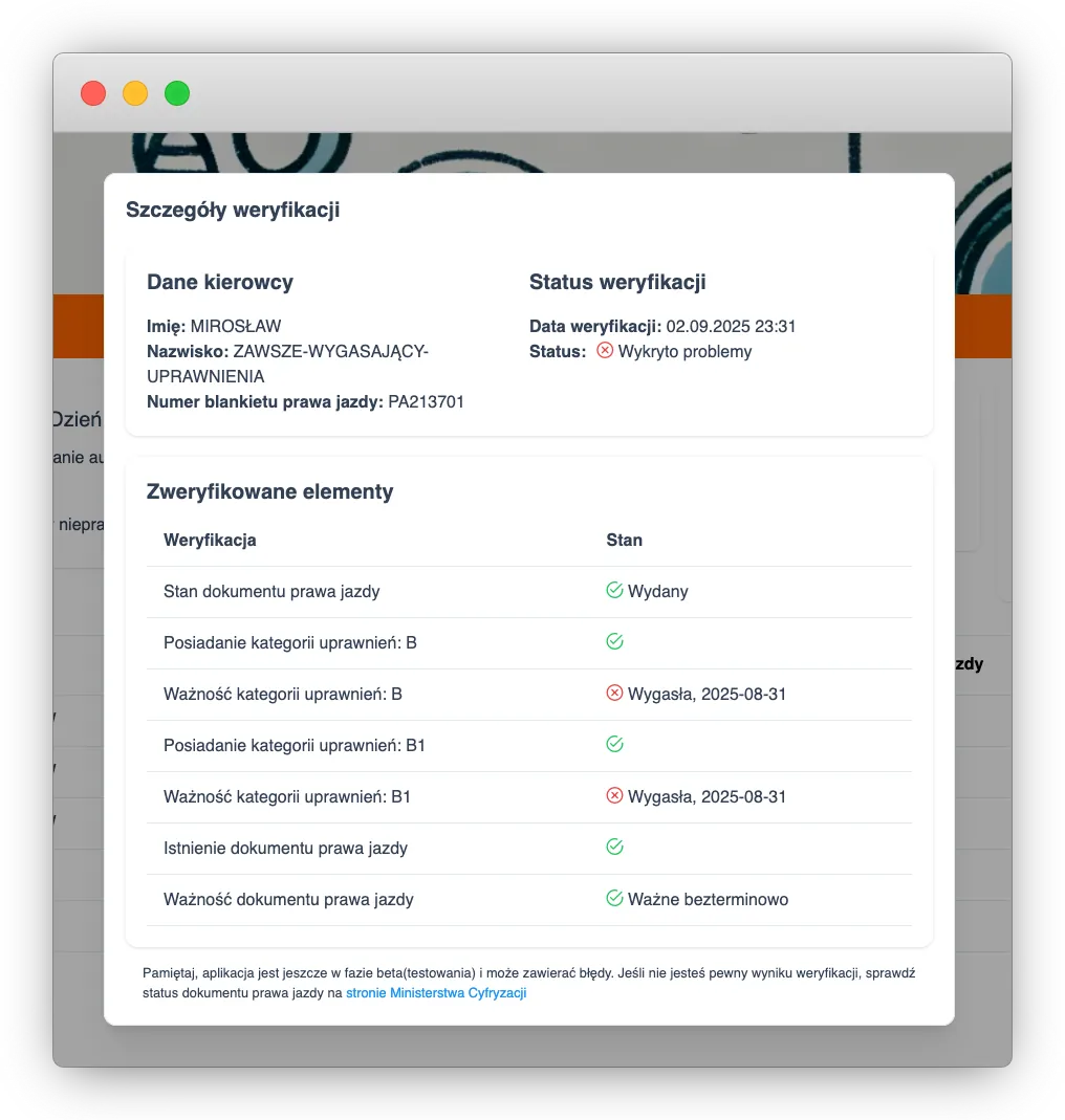 Szczegóły weryfikacji uprawnień kierowcy w systemie do obsługi floty