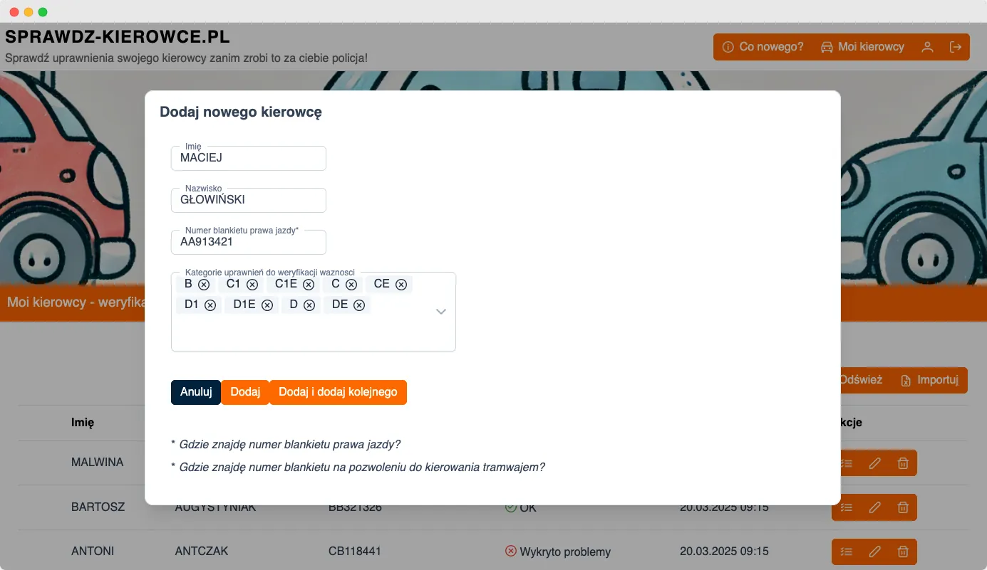 Dodawanie kierowcy do automatycznej weryfikacji prawa jazdy - sprawdź kierowcę online