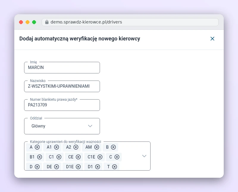 Dodawanie kierowcy do automatycznej weryfikacji prawa jazdy - sprawdź kierowcę online